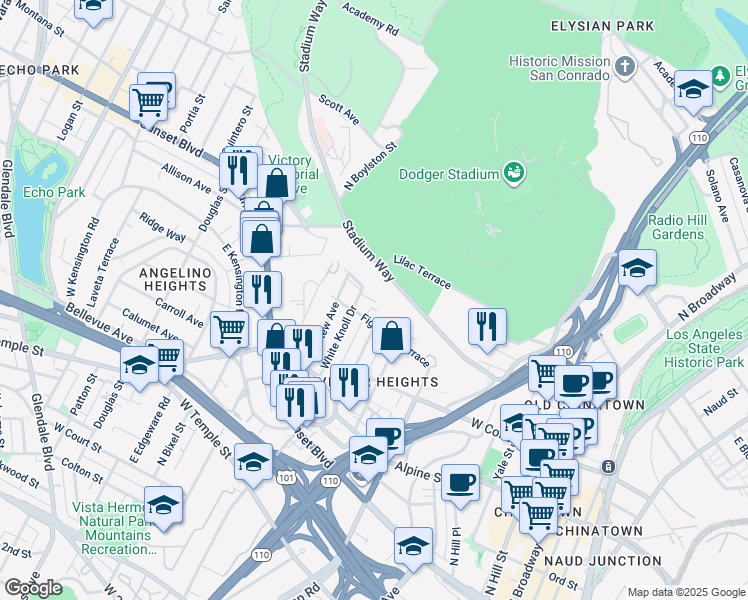 map of restaurants, bars, coffee shops, grocery stores, and more near 1053 Joels Place in Los Angeles
