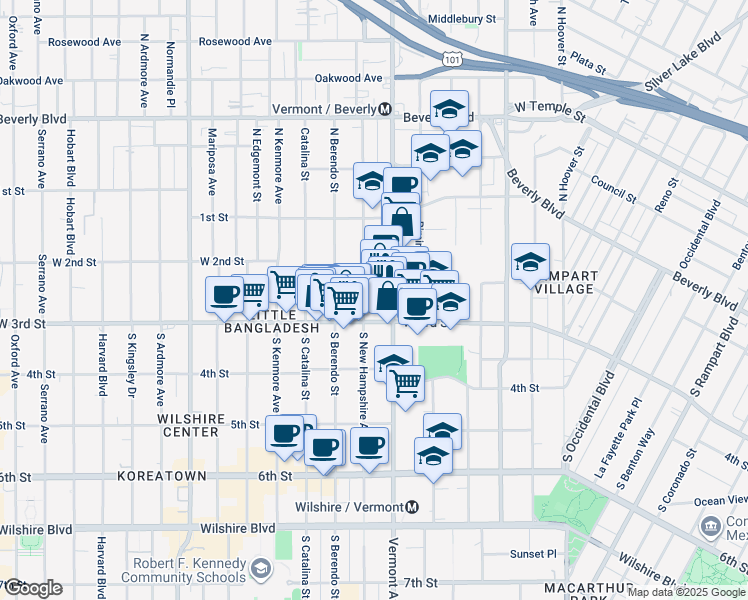 map of restaurants, bars, coffee shops, grocery stores, and more near 252 South New Hampshire Avenue in Los Angeles