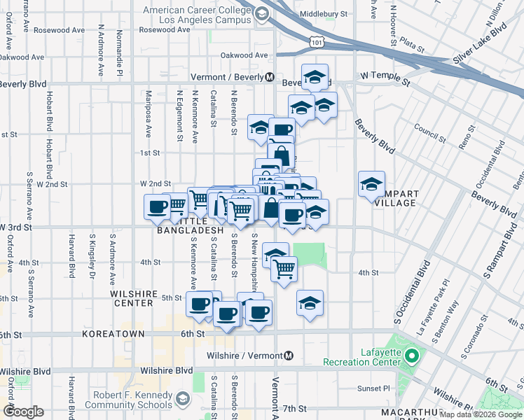map of restaurants, bars, coffee shops, grocery stores, and more near 252 South New Hampshire Avenue in Los Angeles