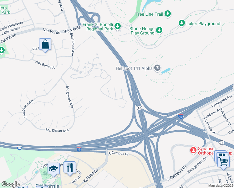 map of restaurants, bars, coffee shops, grocery stores, and more near 2226 Calle De Plata in San Dimas