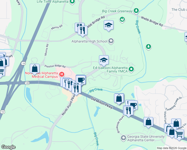 map of restaurants, bars, coffee shops, grocery stores, and more near 1251 Executive Drive in Alpharetta