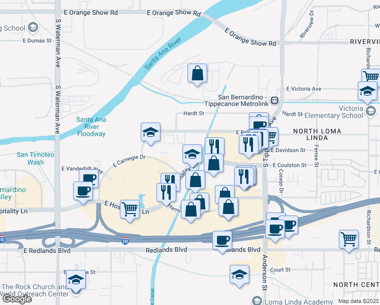 map of restaurants, bars, coffee shops, grocery stores, and more near 862 East Hospitality Lane in San Bernardino
