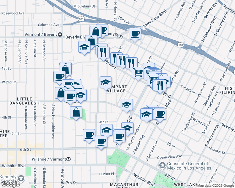 map of restaurants, bars, coffee shops, grocery stores, and more near 220 South Hoover Street in Los Angeles