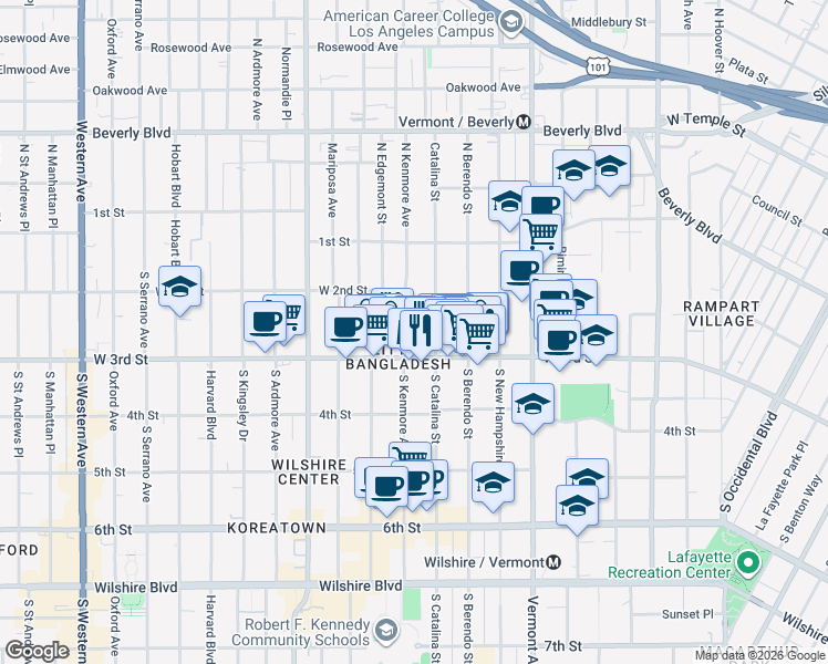 map of restaurants, bars, coffee shops, grocery stores, and more near 246 South Kenmore Avenue in Los Angeles