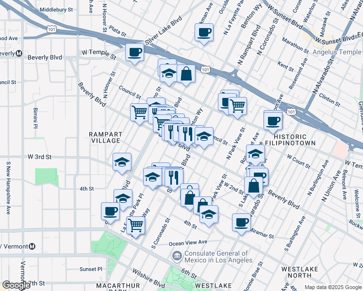 map of restaurants, bars, coffee shops, grocery stores, and more near 2 Benton Way in Los Angeles