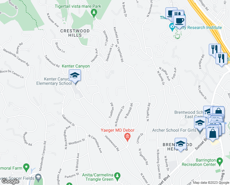 map of restaurants, bars, coffee shops, grocery stores, and more near 645 Walther Way in Los Angeles