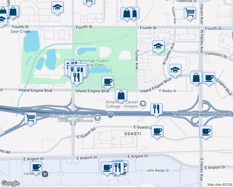 map of restaurants, bars, coffee shops, grocery stores, and more near 2990 Inland Empire Boulevard in Ontario