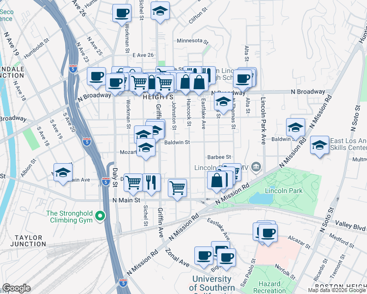 map of restaurants, bars, coffee shops, grocery stores, and more near 3020 Baldwin Street in Los Angeles