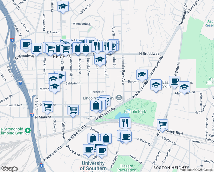 map of restaurants, bars, coffee shops, grocery stores, and more near 2122 North Thomas Street in Los Angeles