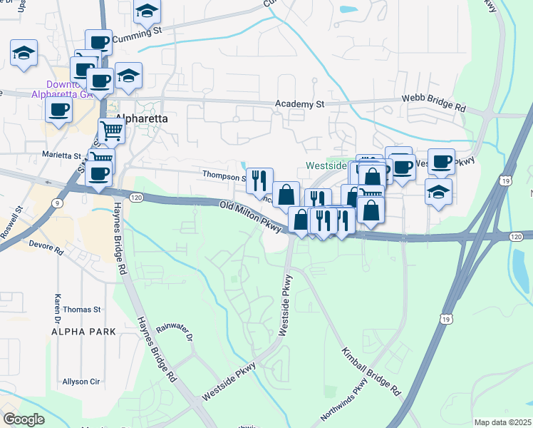 map of restaurants, bars, coffee shops, grocery stores, and more near in Alpharetta
