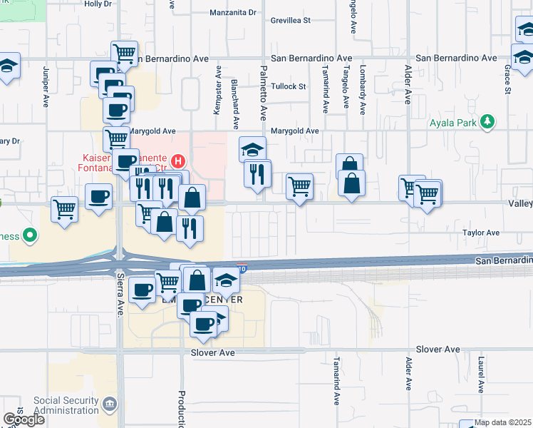 map of restaurants, bars, coffee shops, grocery stores, and more near 17333 Valley Boulevard in Fontana