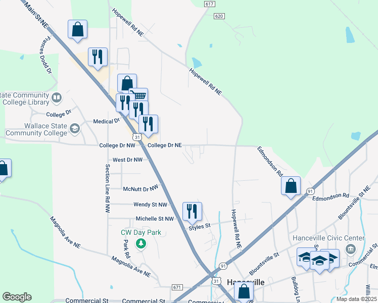 map of restaurants, bars, coffee shops, grocery stores, and more near 401 College Drive Northeast in Hanceville