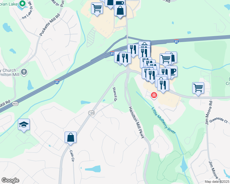map of restaurants, bars, coffee shops, grocery stores, and more near 3251 Stancil Drive in Dacula