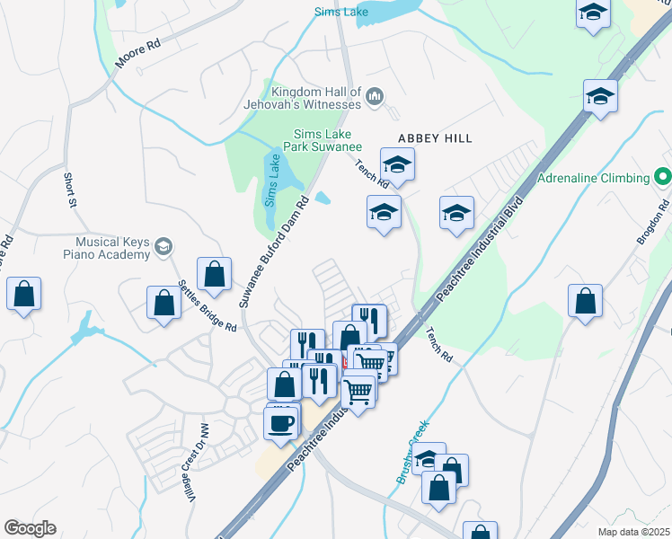 map of restaurants, bars, coffee shops, grocery stores, and more near 447 Ravenbrook Lane in Suwanee