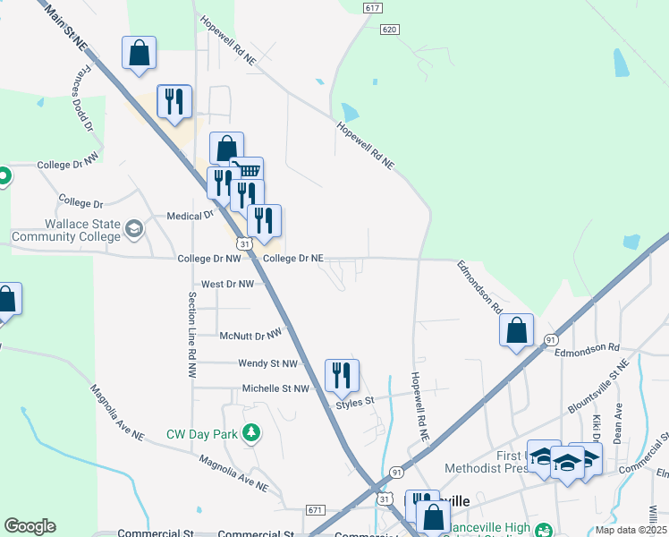 map of restaurants, bars, coffee shops, grocery stores, and more near 401 College Drive Northeast in Hanceville