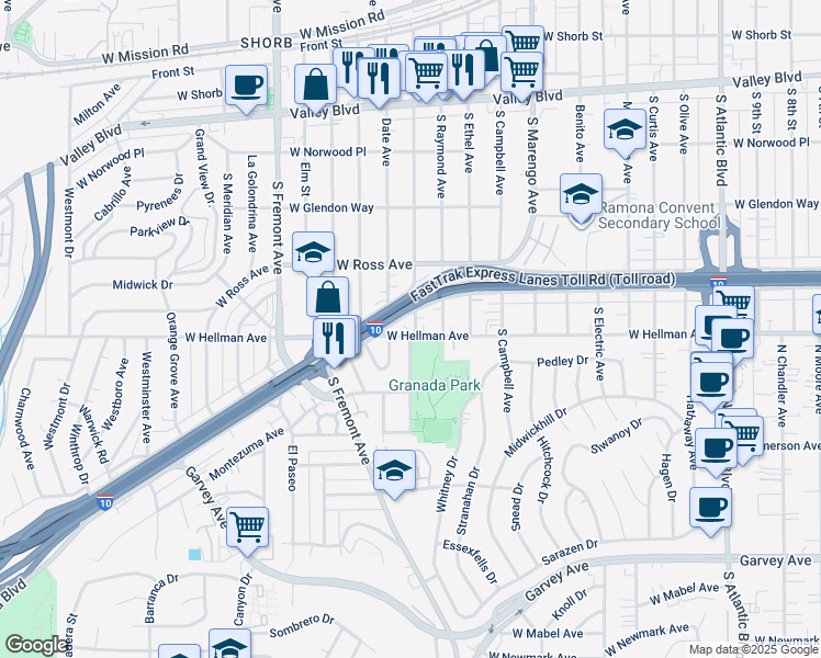 map of restaurants, bars, coffee shops, grocery stores, and more near 2013 South Palm Avenue in Alhambra