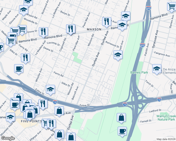 map of restaurants, bars, coffee shops, grocery stores, and more near 3733 Durfee Avenue in El Monte