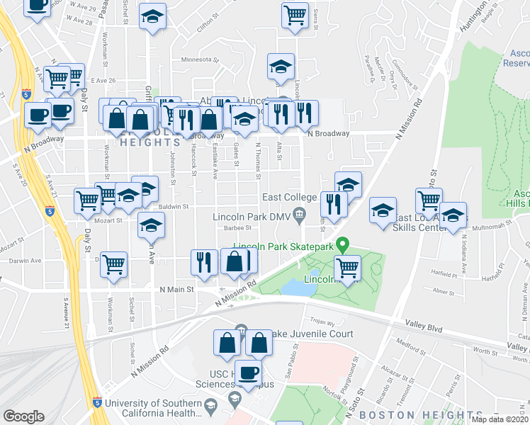 map of restaurants, bars, coffee shops, grocery stores, and more near 2122 North Thomas Street in Los Angeles