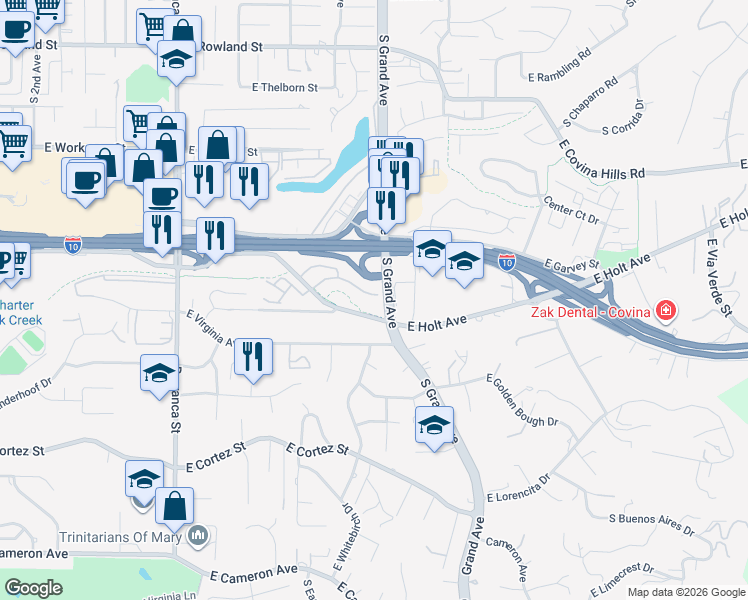 map of restaurants, bars, coffee shops, grocery stores, and more near 3346 East Springcreek Drive in West Covina