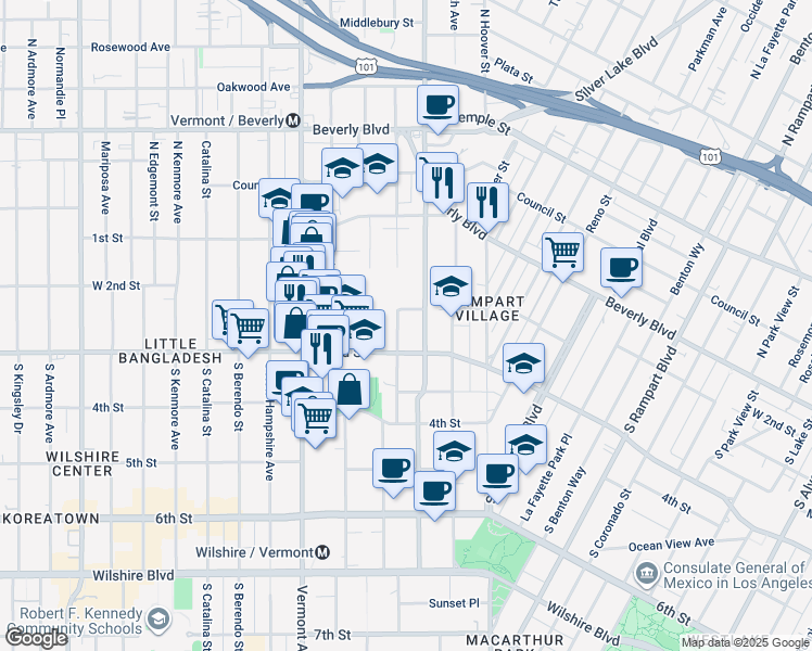 map of restaurants, bars, coffee shops, grocery stores, and more near 229 South Virgil Avenue in Los Angeles