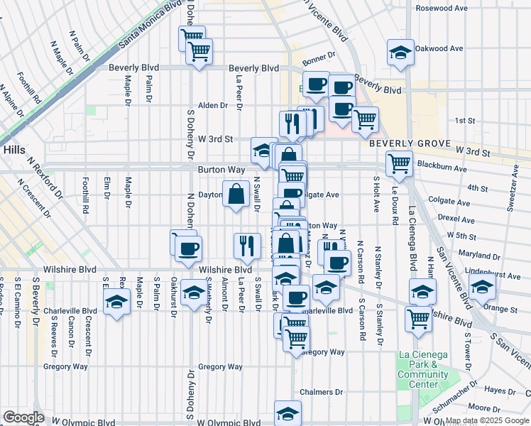 map of restaurants, bars, coffee shops, grocery stores, and more near 200 North Swall Drive in Beverly Hills