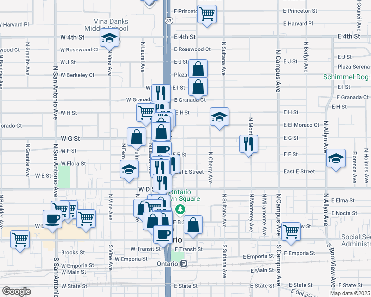 map of restaurants, bars, coffee shops, grocery stores, and more near 614 North Lemon Avenue in Ontario