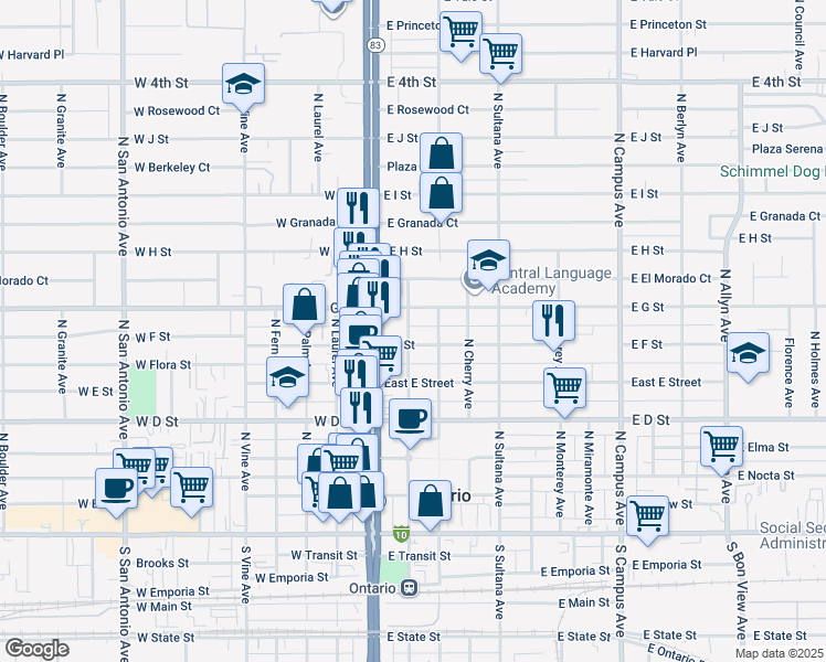 map of restaurants, bars, coffee shops, grocery stores, and more near 614 North Lemon Avenue in Ontario
