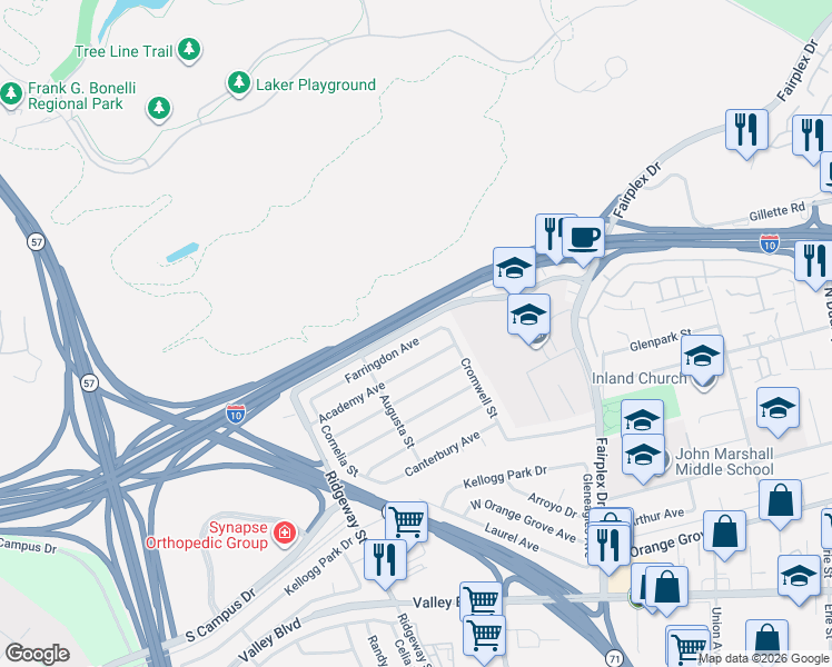 map of restaurants, bars, coffee shops, grocery stores, and more near 2252 Farringdon Avenue in Pomona
