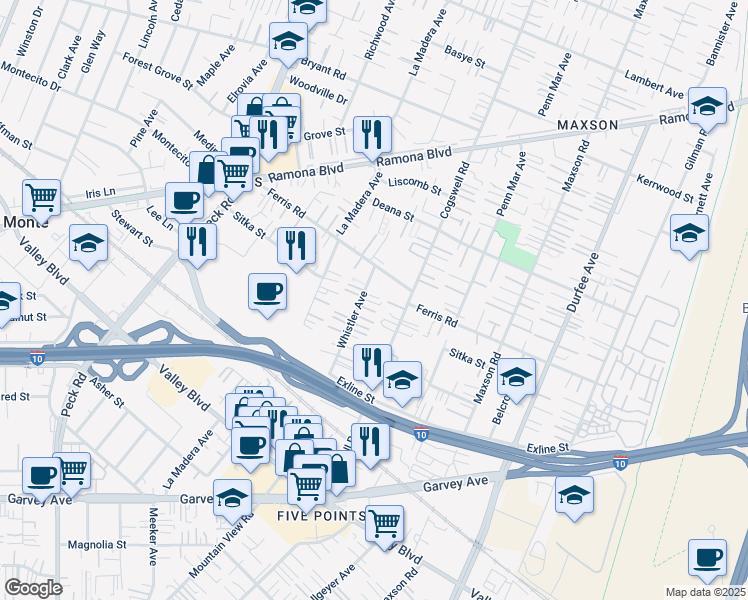 map of restaurants, bars, coffee shops, grocery stores, and more near 3498 Whistler Avenue in El Monte