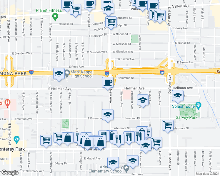 map of restaurants, bars, coffee shops, grocery stores, and more near in Rosemead