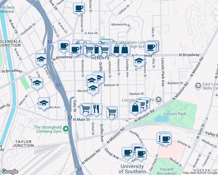 map of restaurants, bars, coffee shops, grocery stores, and more near 2119 Johnston Street in Los Angeles
