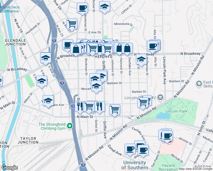 map of restaurants, bars, coffee shops, grocery stores, and more near 2111 Griffin Avenue in Los Angeles