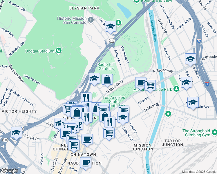 map of restaurants, bars, coffee shops, grocery stores, and more near 1221 North Broadway in Los Angeles