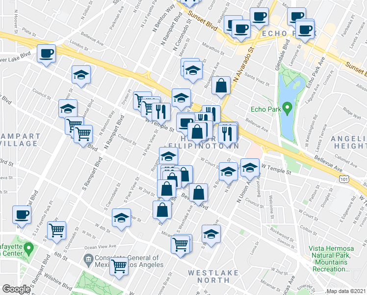 map of restaurants, bars, coffee shops, grocery stores, and more near 247 North Lake Street in Los Angeles