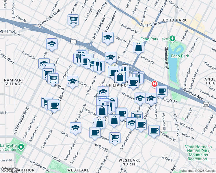 map of restaurants, bars, coffee shops, grocery stores, and more near 2216 West Court Street in Los Angeles