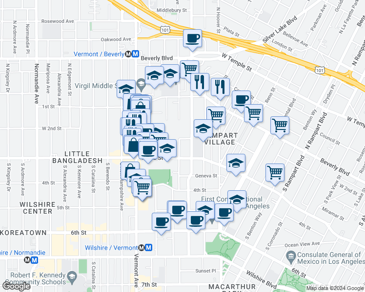 map of restaurants, bars, coffee shops, grocery stores, and more near 229 South Virgil Avenue in Los Angeles