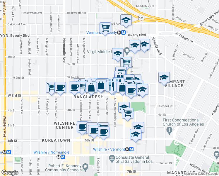 map of restaurants, bars, coffee shops, grocery stores, and more near 245 South Berendo Street in Los Angeles