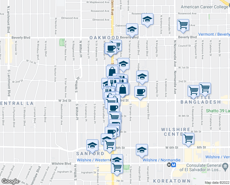 map of restaurants, bars, coffee shops, grocery stores, and more near 301 South Western Avenue in Los Angeles