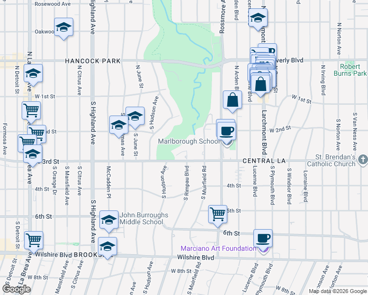 map of restaurants, bars, coffee shops, grocery stores, and more near 241 South Rimpau Boulevard in Los Angeles