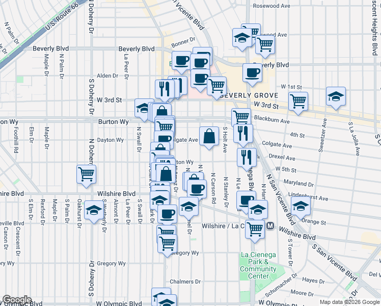 map of restaurants, bars, coffee shops, grocery stores, and more near 8693 Clifton Way in Beverly Hills