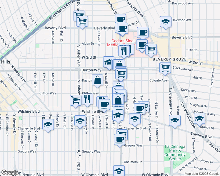 map of restaurants, bars, coffee shops, grocery stores, and more near 202 North Clark Drive in Beverly Hills