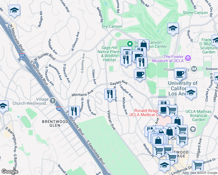 map of restaurants, bars, coffee shops, grocery stores, and more near 423 1/2 Veteran Avenue in Los Angeles
