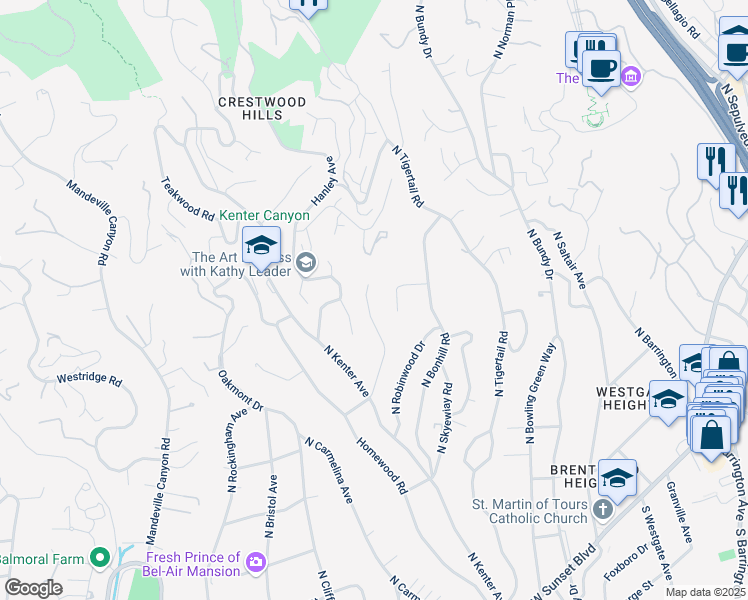 map of restaurants, bars, coffee shops, grocery stores, and more near 601 Tuallitan Road in Los Angeles