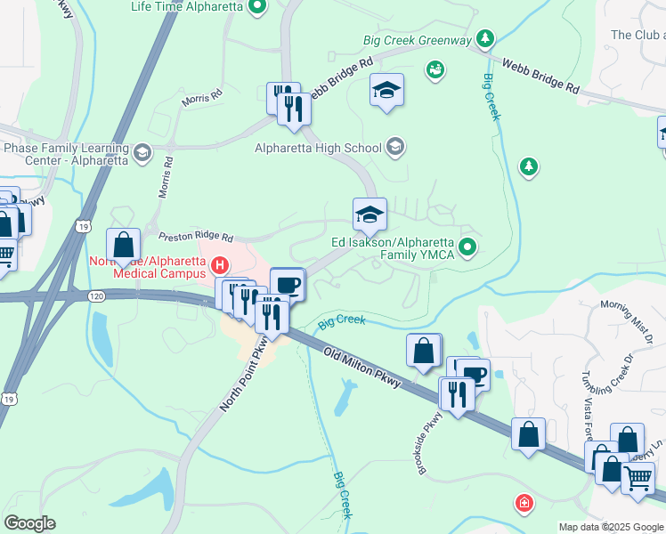 map of restaurants, bars, coffee shops, grocery stores, and more near 1251 Executive Drive in Alpharetta