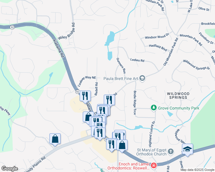 map of restaurants, bars, coffee shops, grocery stores, and more near 4853 Old Mountain Park Road in Roswell