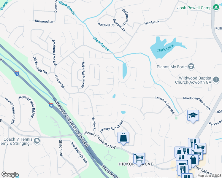 map of restaurants, bars, coffee shops, grocery stores, and more near 1923 Hamby Place Drive Northwest in Acworth
