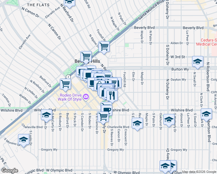 map of restaurants, bars, coffee shops, grocery stores, and more near N Crescent Dr & Dayton Way in Beverly Hills