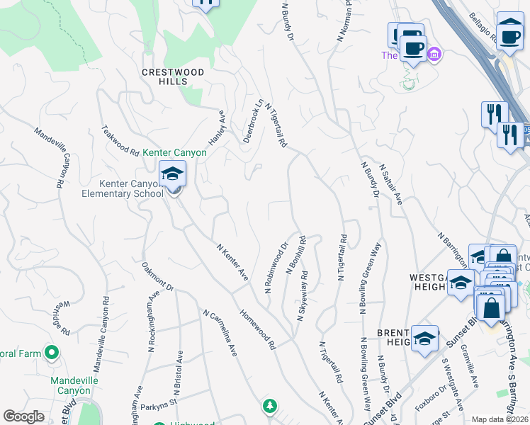 map of restaurants, bars, coffee shops, grocery stores, and more near 645 Walther Way in Los Angeles