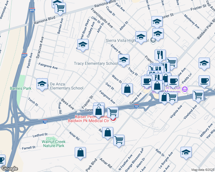 map of restaurants, bars, coffee shops, grocery stores, and more near 13120 Dart Street in Baldwin Park