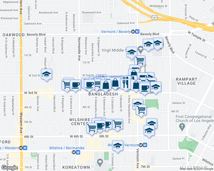 map of restaurants, bars, coffee shops, grocery stores, and more near 246 South Kenmore Avenue in Los Angeles